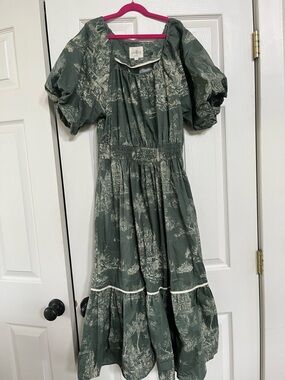 Green UmGee Toile Puff Sleeve Midi Dress